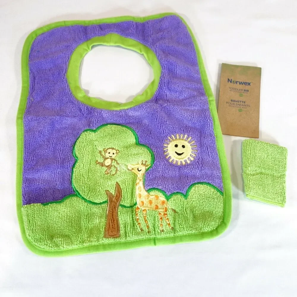 New Norwex Baby Bib Purple Tree Giraffe Monkey Washcloth Microfiber with Baclock